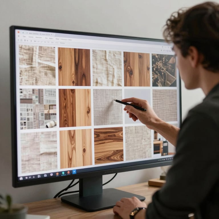 A creative team in a North American / US studio reviewing a social media grid on a large monitor with samples of linen and wood textures.