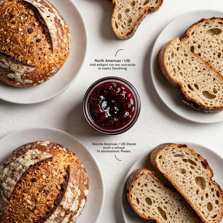 An overhead flat lay of a North American / US brunch table with artisanal breads, Deep Crimson jam, and professional marketing notes.