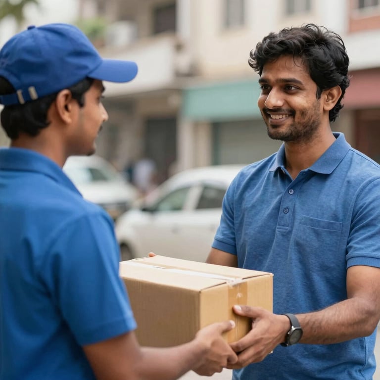 A customer in a South Asian urban setting receiving a parcel from a courier, smiling, with a focus on seamless service.