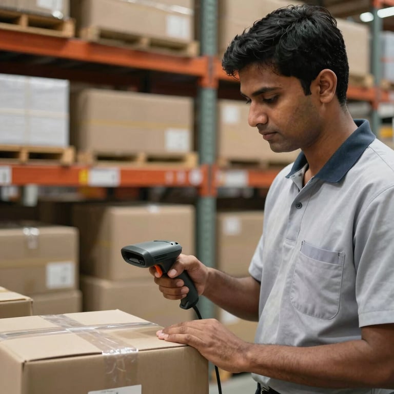 A South Asian professional in a warehouse using a handheld barcode scanner on a package, modern efficiency style.