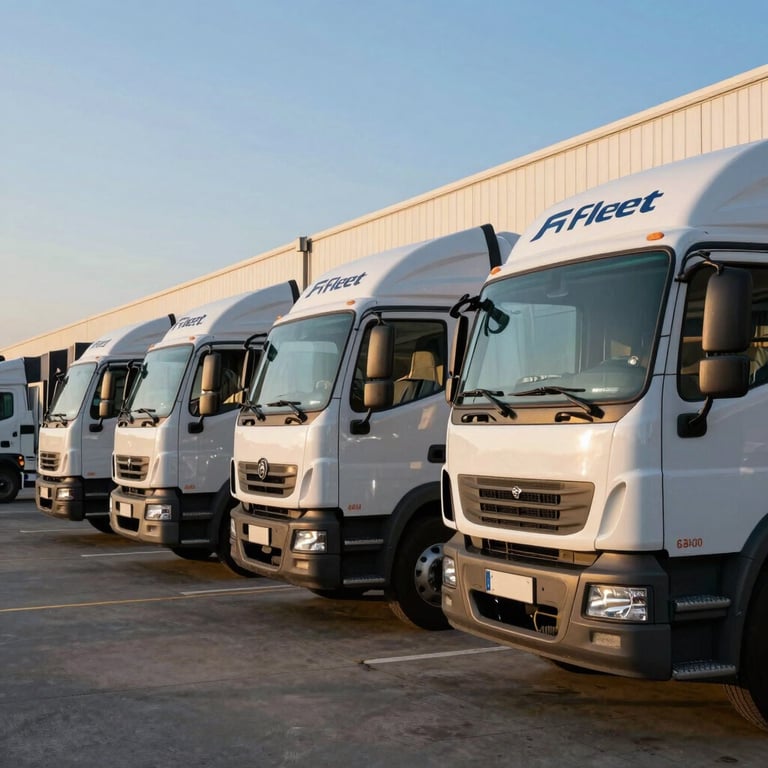 Fleet of delivery trucks with professional branding parked at a loading dock during a clear sunrise.