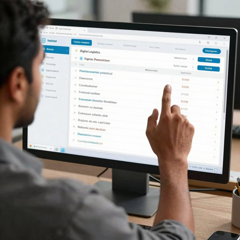A South Asian office professional reviewing a digital logistics tracking dashboard on a large monitor.