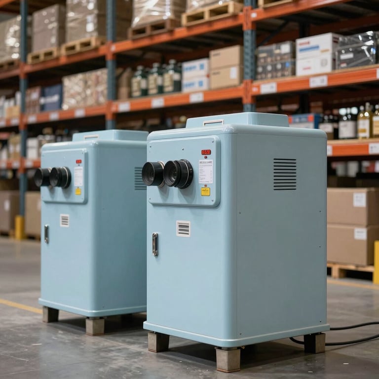 A clean, organized warehouse in India with high shelves and pale blue industrial equipment.