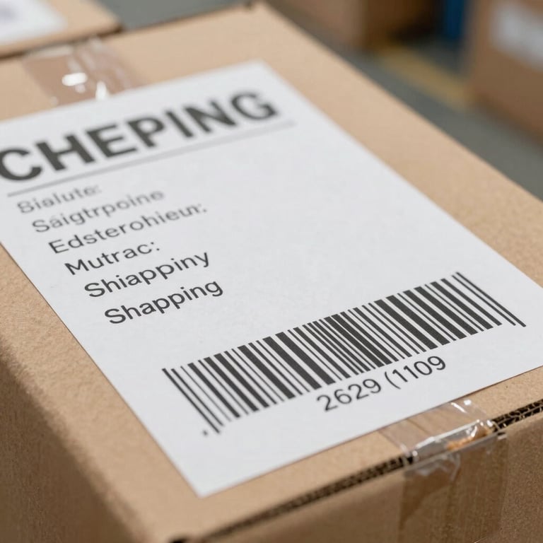 Close-up of a high-quality shipping label with a crisp barcode applied to a cardboard box in a bright logistics center.