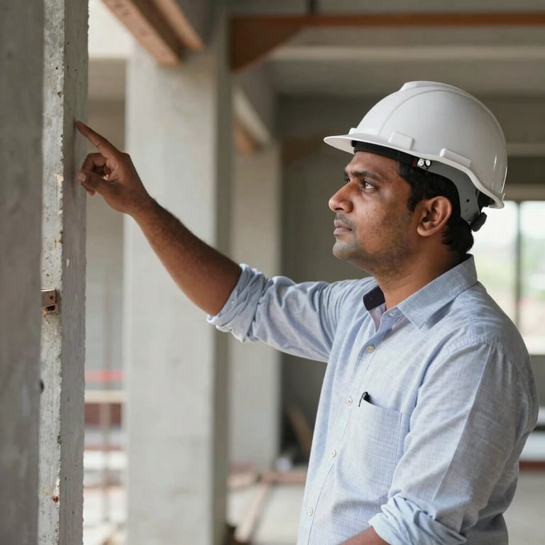 A professional engineer in South Asian / Indian attire pointing at structural details on a site visit.