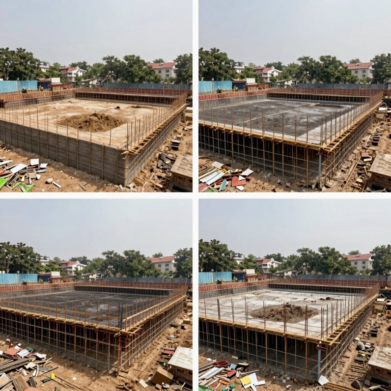 A collage style photo showing a before and after progress shot of a construction foundation in a South Asian / Indian city.
