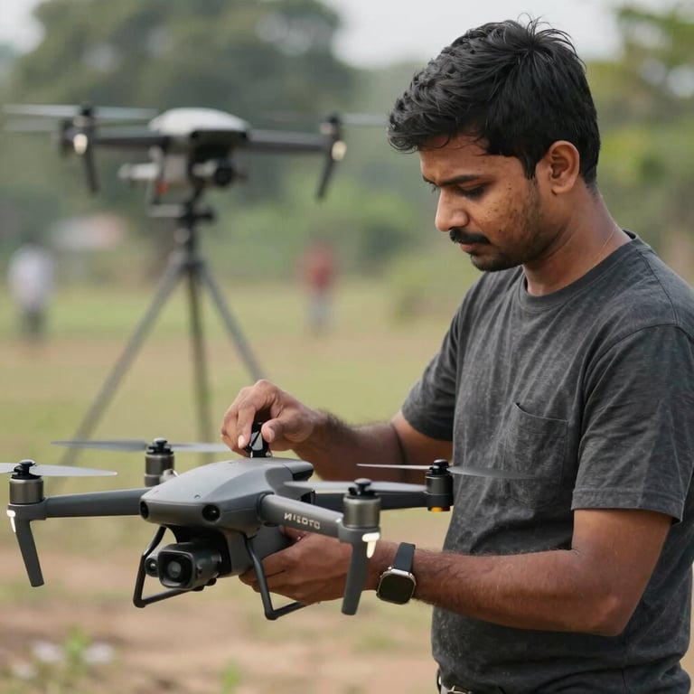 A professional drone operator in a South Asian / Indian setting preparing a drone for site monitoring.