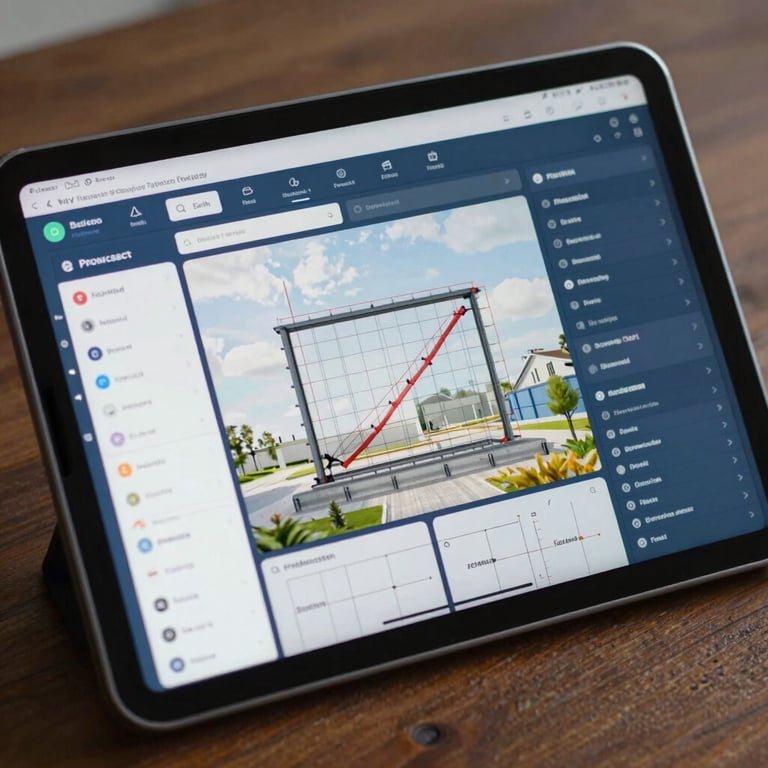 A digital tablet screen showing a detailed construction progress dashboard with blue and white interface elements.