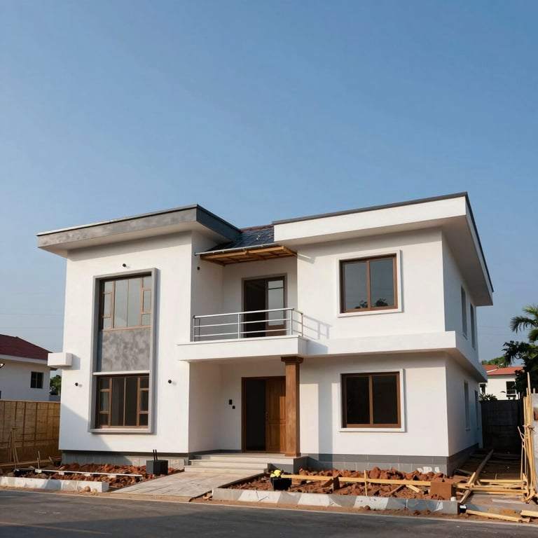 A wide shot of a modern house under construction in Chennai with a clear blue sky background.