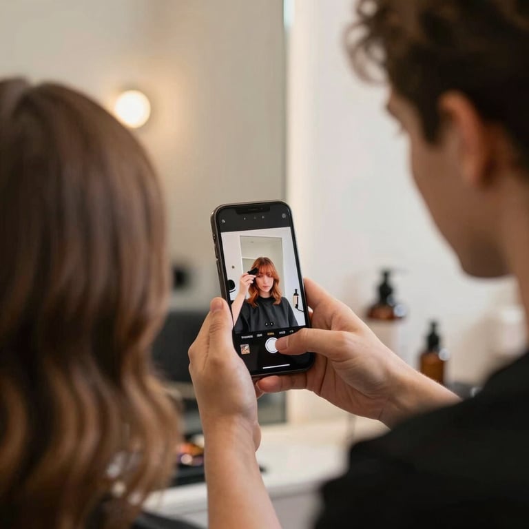 An over-the-shoulder shot of an art director holding an iPhone, framing a stylist mixing color in a beautifully designed warm-toned salon, soft natural light.