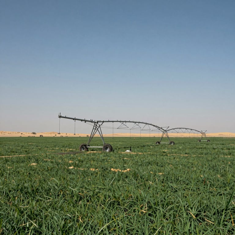 A wide shot of a circular pivot irrigation system operating in a vast green field in the Saudi Arabian desert under a clear blue sky.