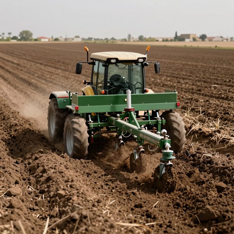 A macro photo of a precision seed drill planting crops in perfectly tilled soil on a modern Middle Eastern farm.