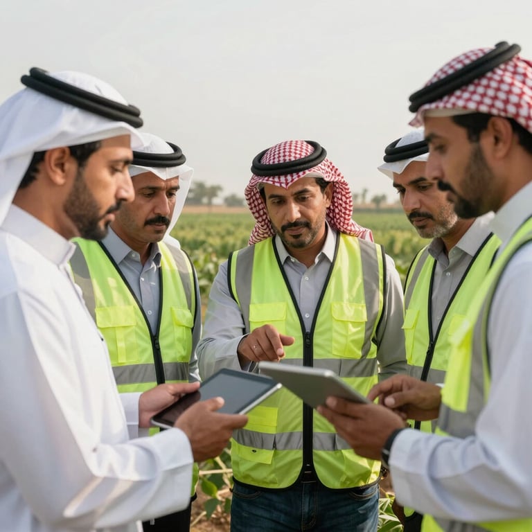 A group of Saudi Arabian agricultural experts in field gear discussing a crop management plan on a digital tablet.