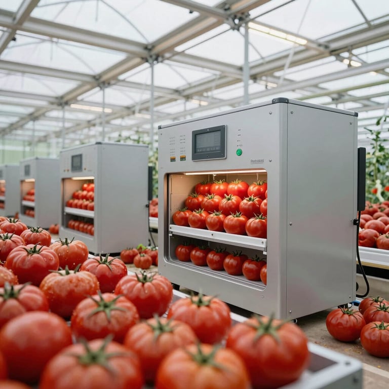 Interior of a large-scale modern greenhouse with rows of red tomatoes using advanced climate control technology.