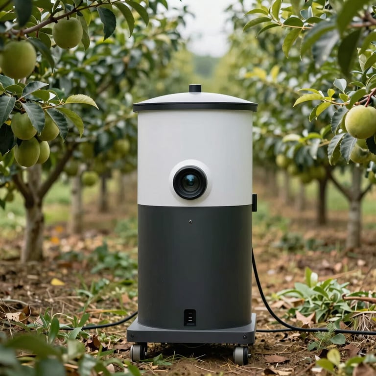 Detailed shot of an automated pest control system being deployed in a high-tech fruit orchard.
