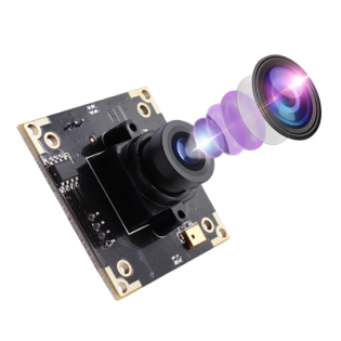 Compact digital camera module for electronics with integrated lens and circuit board on black background.