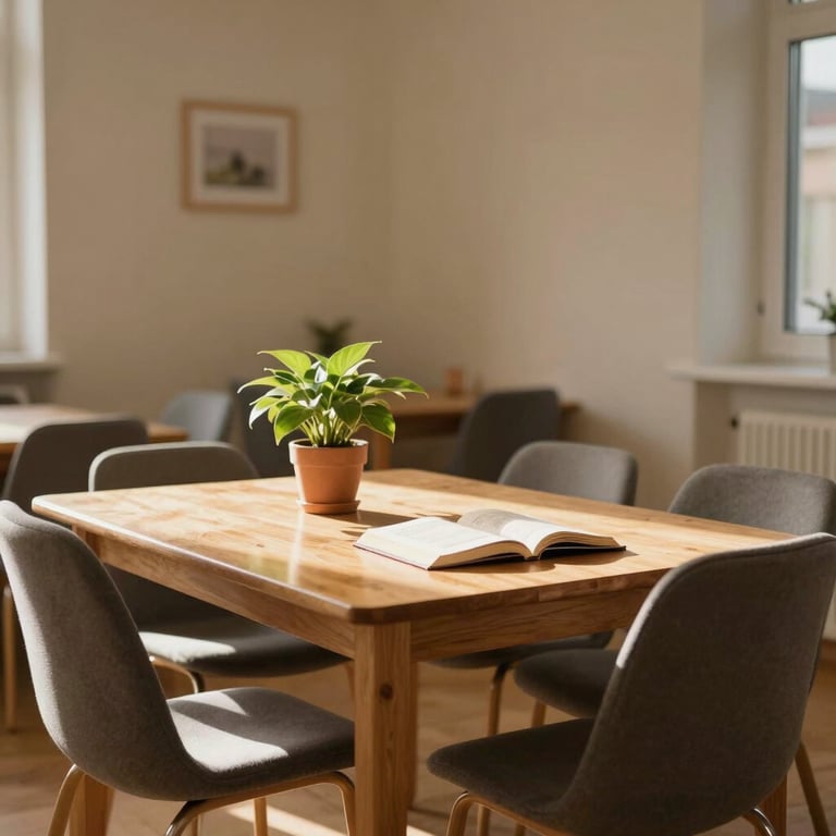 Warm interior shot of a care home common room in Munich, afternoon sunlight falling across a wooden reading table with a potted plant and open book, empty chairs suggesting a lived-in space, soft cream walls, no people present