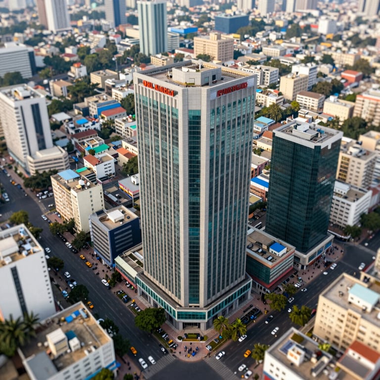An aerial view of a vibrant commercial district in Karachi, emphasizing the company's central location and urban impact.