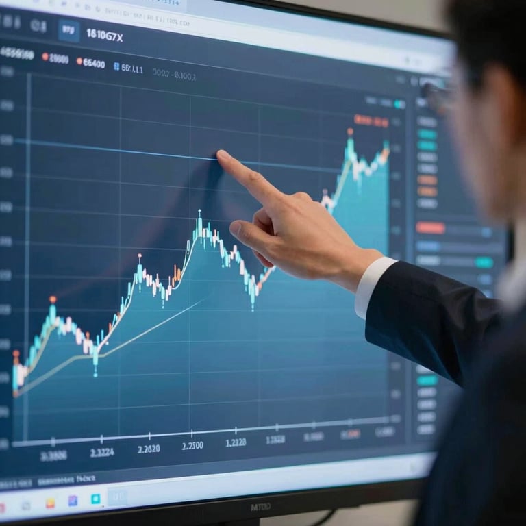 A professional consultant pointing at a digital screen showing financial growth charts, sophisticated and trustworthy mood.