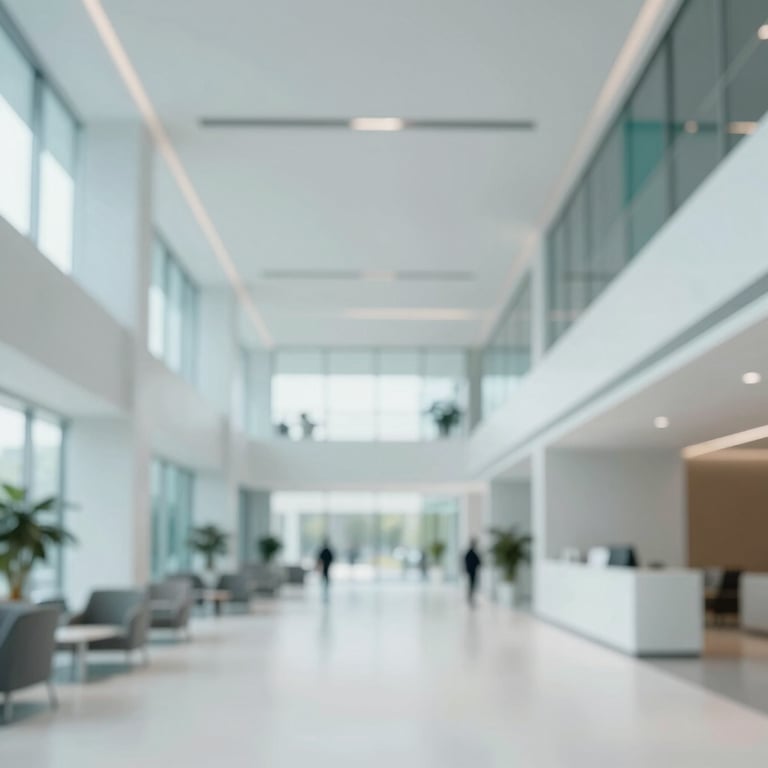 A modern corporate lobby with high ceilings and minimalist design, incorporating #F7F9F8 and #4F7E6C.