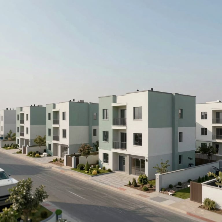 A wide shot of a contemporary housing development project in Pakistan, clean aesthetic, featuring sage #A8C9B9 colors in the landscaping.
