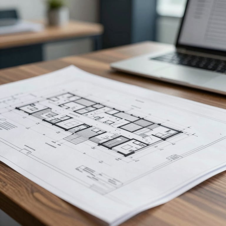A close-up of architectural blueprints on a modern wooden desk, with professional office lighting and deep #1A322C tones.