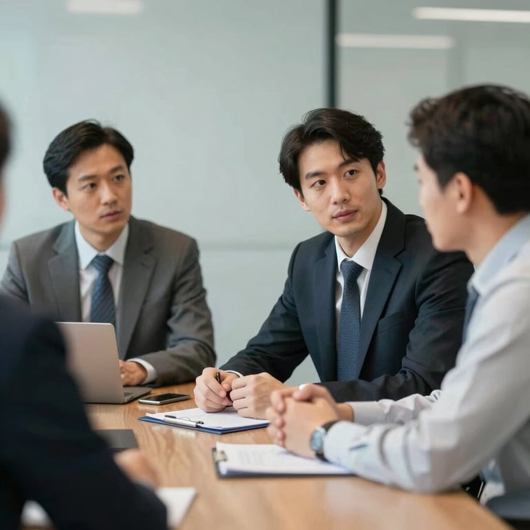 A high-quality image of two professionals in a boardroom engaged in an ethical and transparent business discussion.