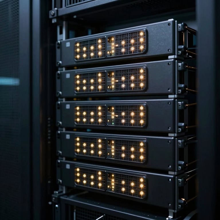 A sharp macro shot of server rack blinking LED lights in a cool-toned dark data center, representing internet backbone infrastructure.