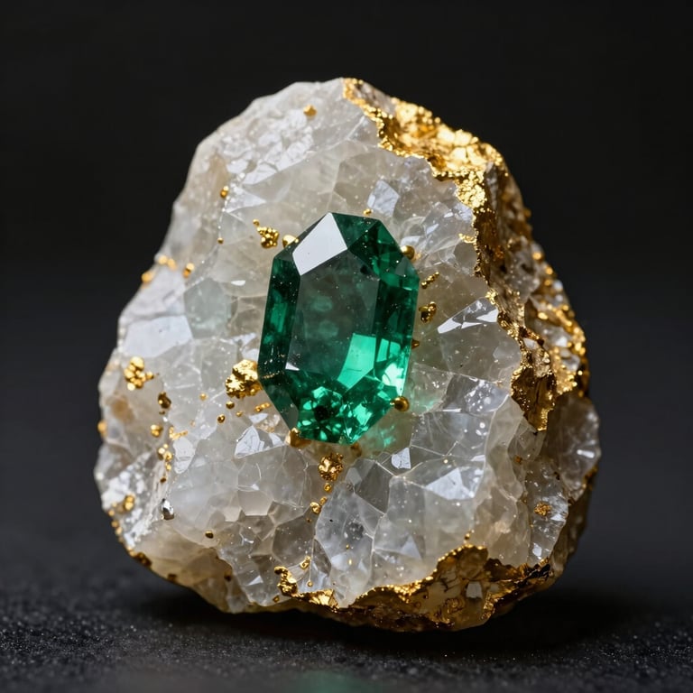 A raw, untreated natural emerald crystal embedded in white calcite host rock, captured in a dramatic chiaroscuro style with golden accents