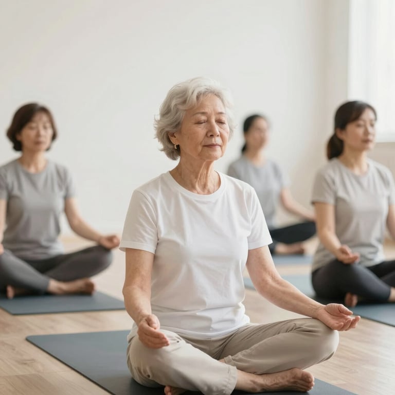 An elder participating in a Yoga class, calm and bright atmosphere with off-white #FDFBF8 tones.