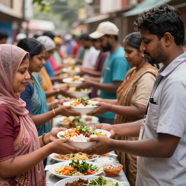 Volunteers handing out nutritious meals to a community line in Bangalore, showing compassion and professionalism.