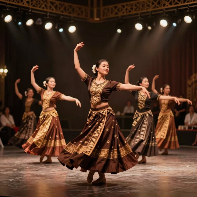 A cultural event showcasing traditional dance, with sophisticated lighting and deep brown #362C25 accents in the decor.