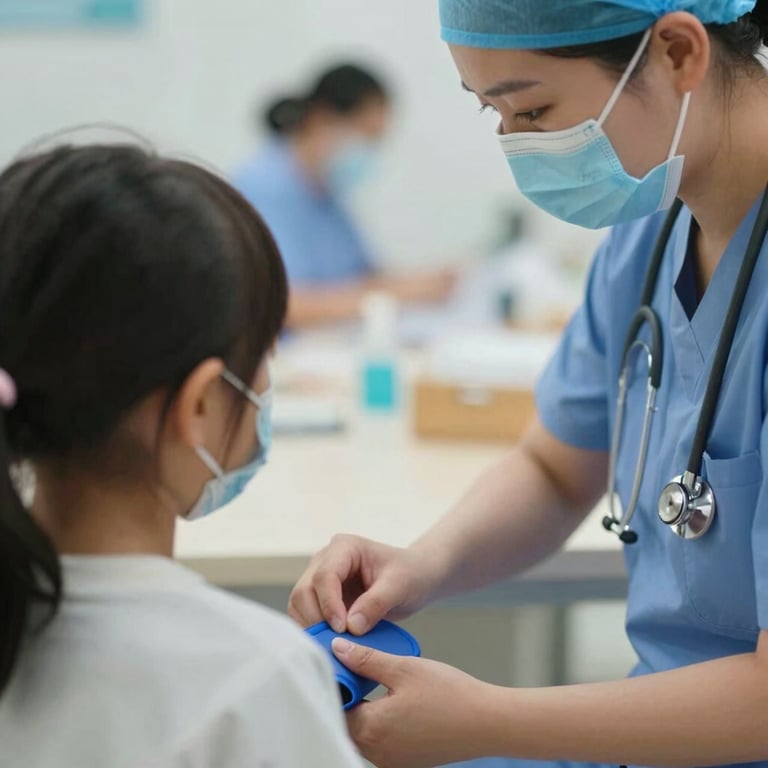 A close-up of a healthcare worker checking a child's pulse during a welfare camp, soft focus, high credibility.