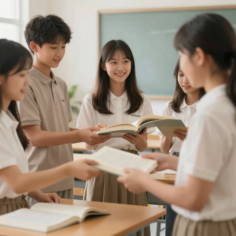 A group of students receiving new books in a bright, modern classroom, with warm brand tones of #C1B4A5 and #856F5E.