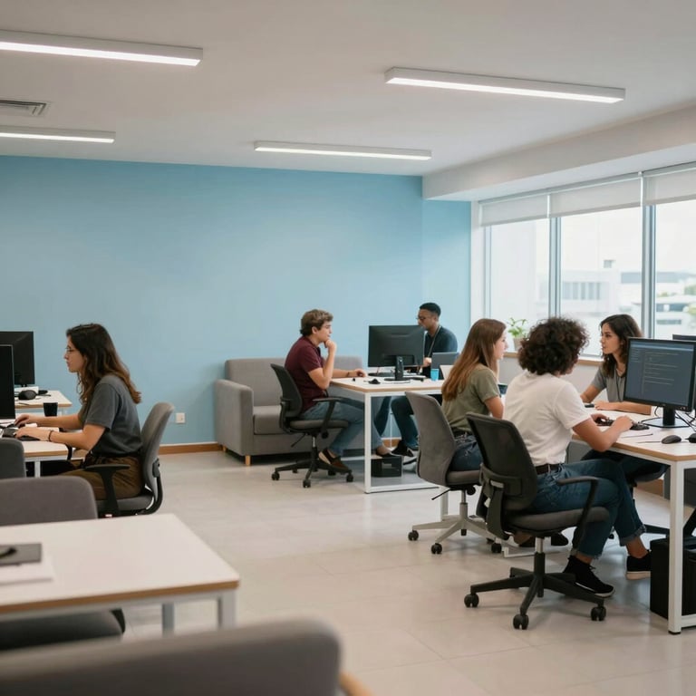 A bright, collaborative area in a Brazilian tech firm with comfortable seating and pale sky blue accents.