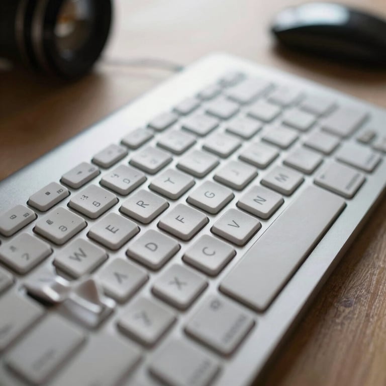 Detailed macro shot of a modern computer keyboard in a brightly lit South American workspace.