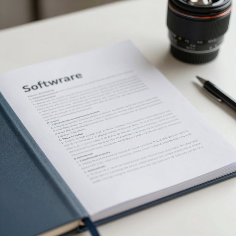 Close-up of professional software documentation on a clean desk with a muted slate blue notebook.