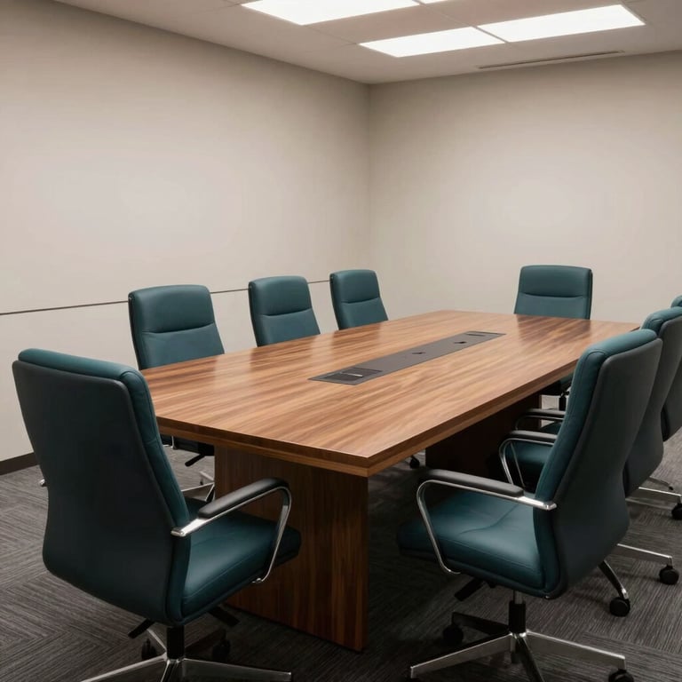 A clean, high-tech conference room with dark charcoal teal chairs and a large wooden table.