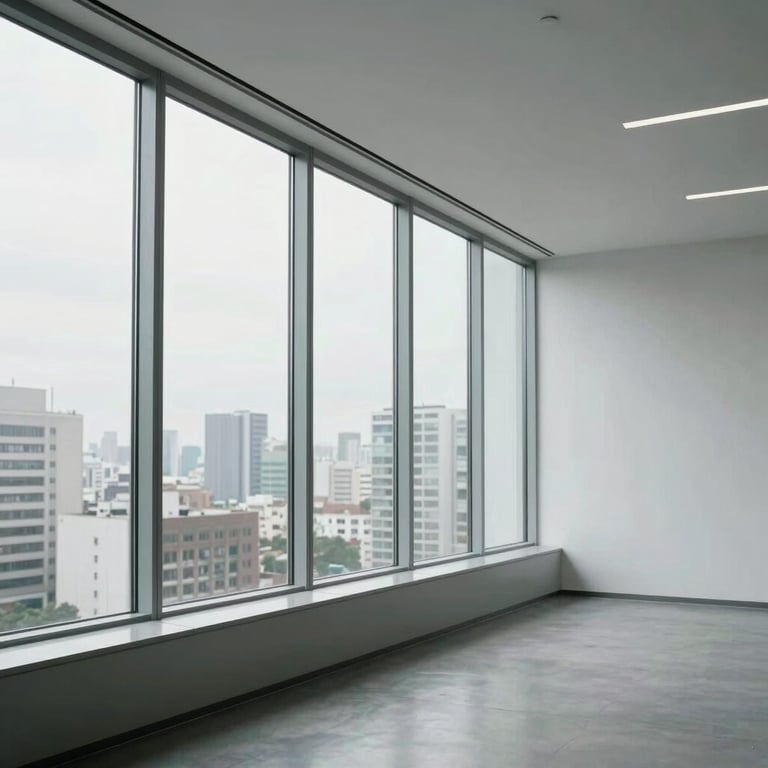 A minimalist office interior in São Paulo with floor-to-ceiling windows and cool white walls.