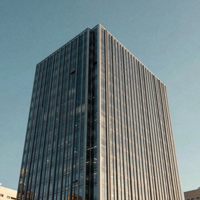 An architectural shot of a modern glass and steel office building under a clear Brazilian sky.