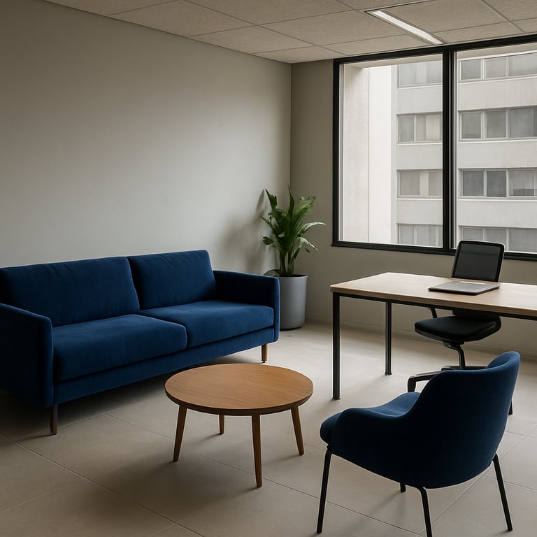 A modern South American / Brazilian office interior with minimalist decor and deep blue accent furniture.