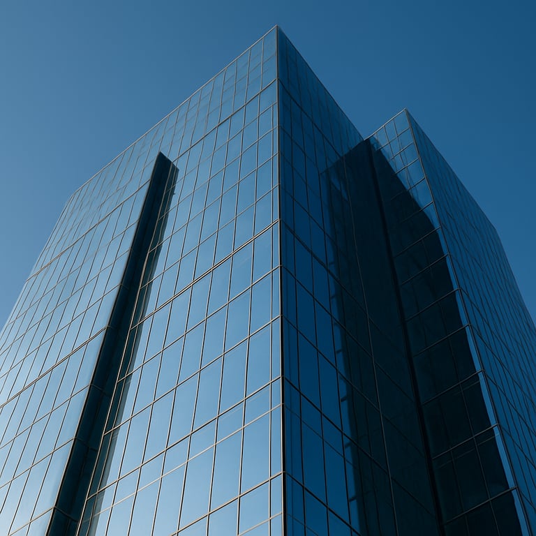 Architectural detail of a modern glass skyscraper in a Brazilian business hub under a clear blue sky.