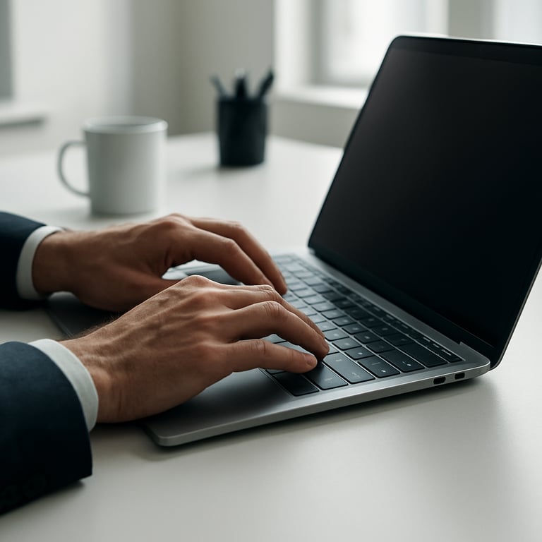 Hands of a professional typing on a high-end laptop in a clean, brightly lit workplace.