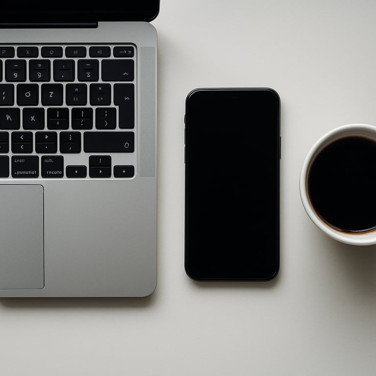 A top-down view of a designer desk in Brazil with a laptop, smartphone, and a cup of black coffee on a white surface.