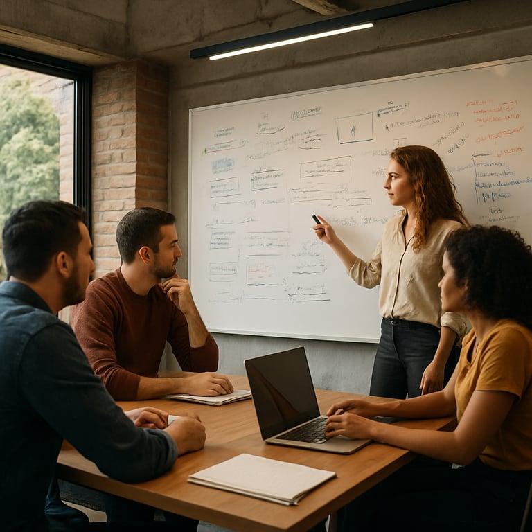 A collaborative meeting space in a South American / Brazilian agency with a whiteboard filled with strategic notes.