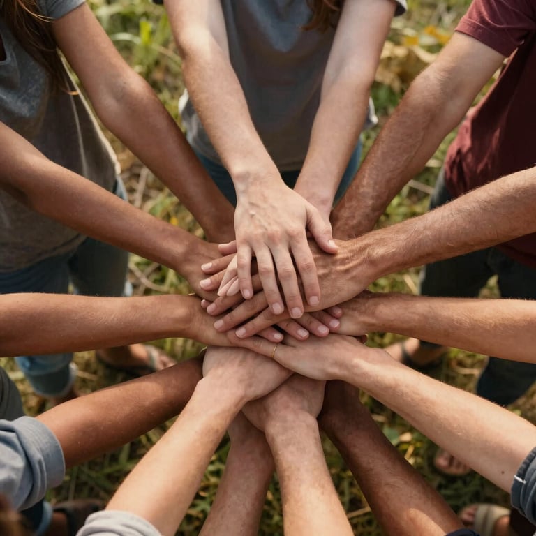 A wide environmental shot of diverse hands stacked together in unity, warm golden hour light, representing collaborative missionary work.