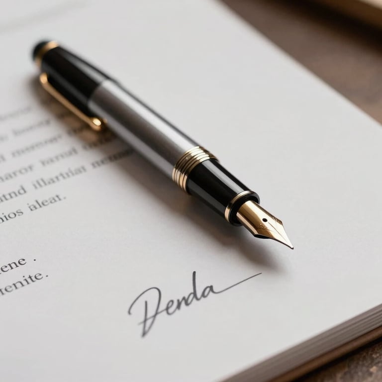 A sophisticated fountain pen resting on a signed document, with soft, elegant lighting in a professional North American / International setting.