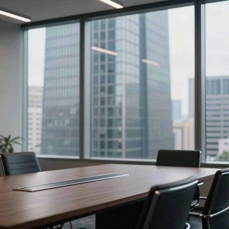 A soft-focus view of a modern conference room in a North American / International skyscraper, highlighting clean lines and glass architecture.