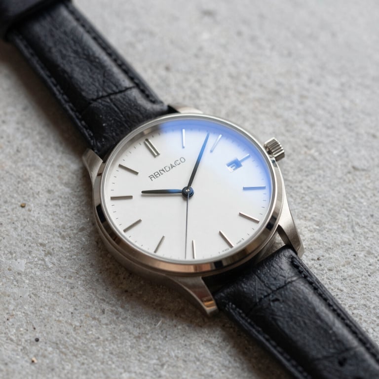 A macro shot of a minimalist luxury watch resting on a light mist grey stone surface, symbolizing precision and time management.
