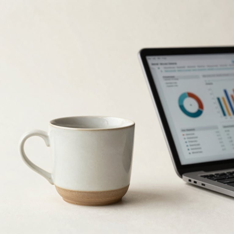 A minimalist ceramic coffee cup next to a tablet displaying clean, professional analytics, set against a soft off-white background.